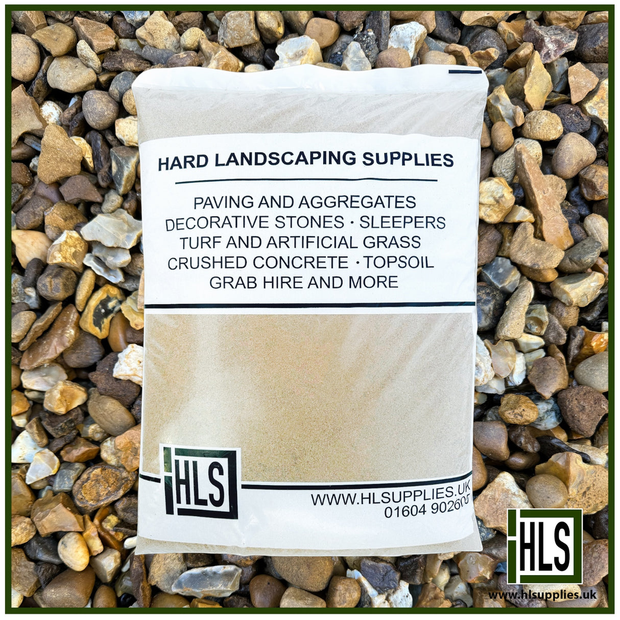 Bag of 10/20mm washed gravel from HLSupplies, ideal for driveways, drainage, and decorative landscaping.