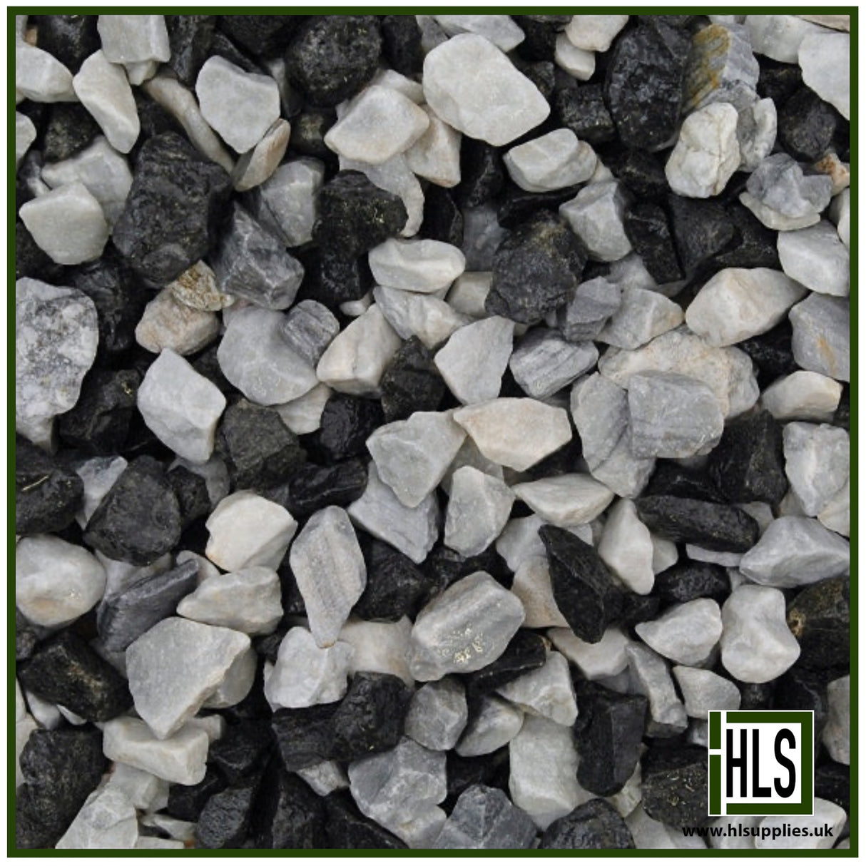 HLSupplies 14-20mm Black Ice decorative angular gravel with a high-contrast blend of black, grey, and white stones.