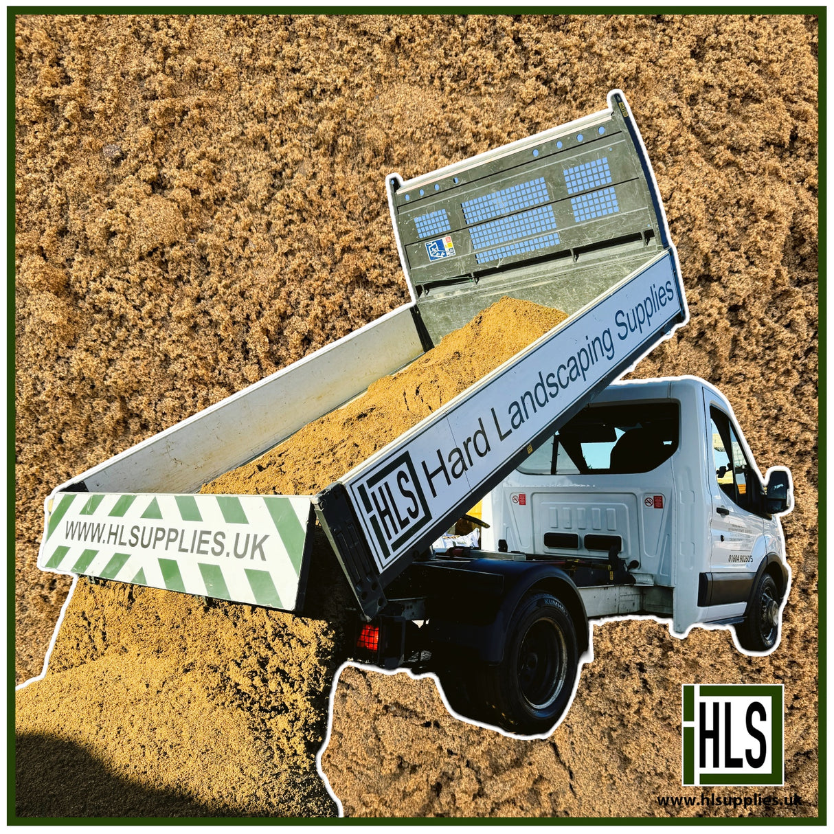 HLSupplies building sand, a fine, golden-brown aggregate, is shown being delivered by a white truck with a tipper bed full of sand.