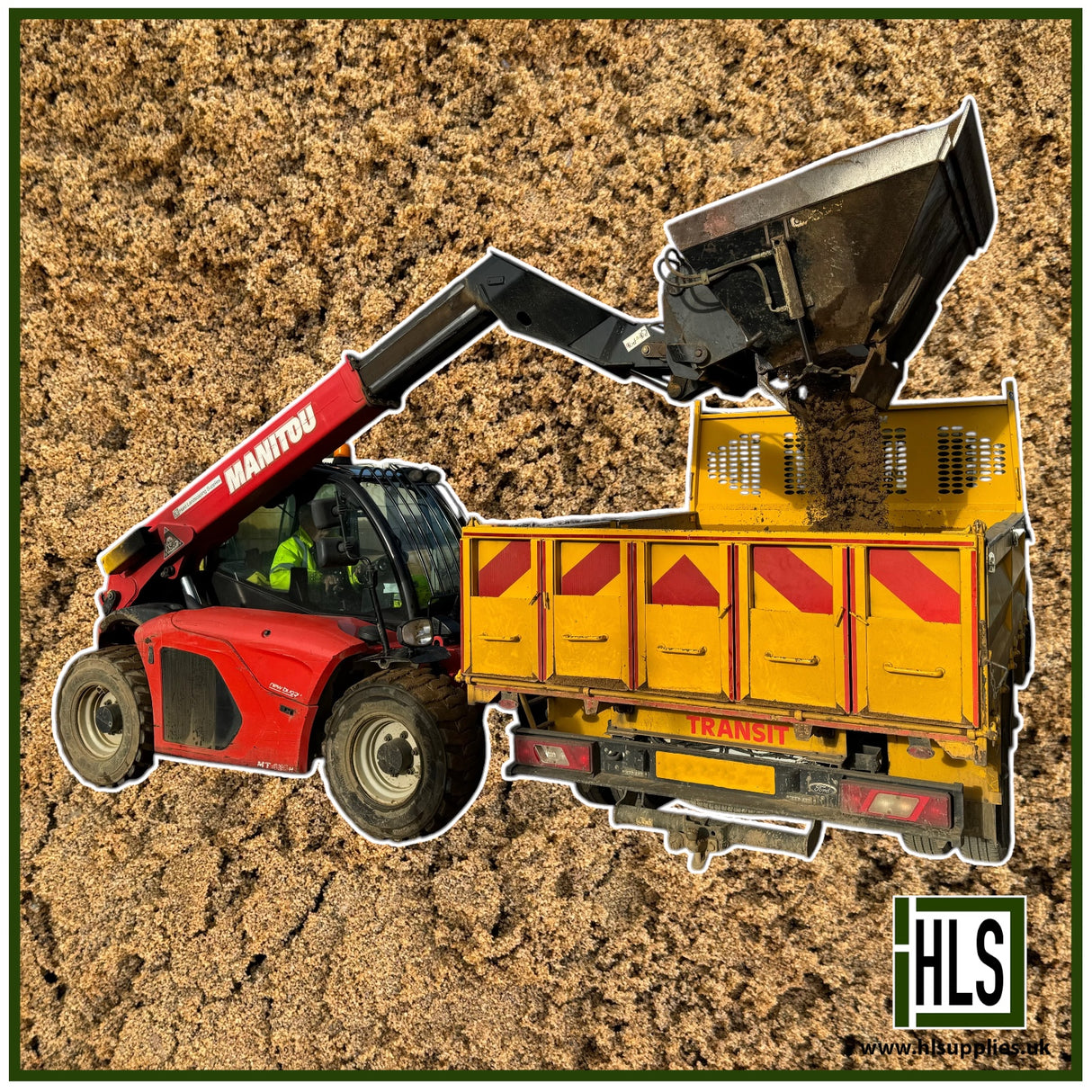 HLSupplies red Manitou telehandler loading building sand into a yellow Transit truck.