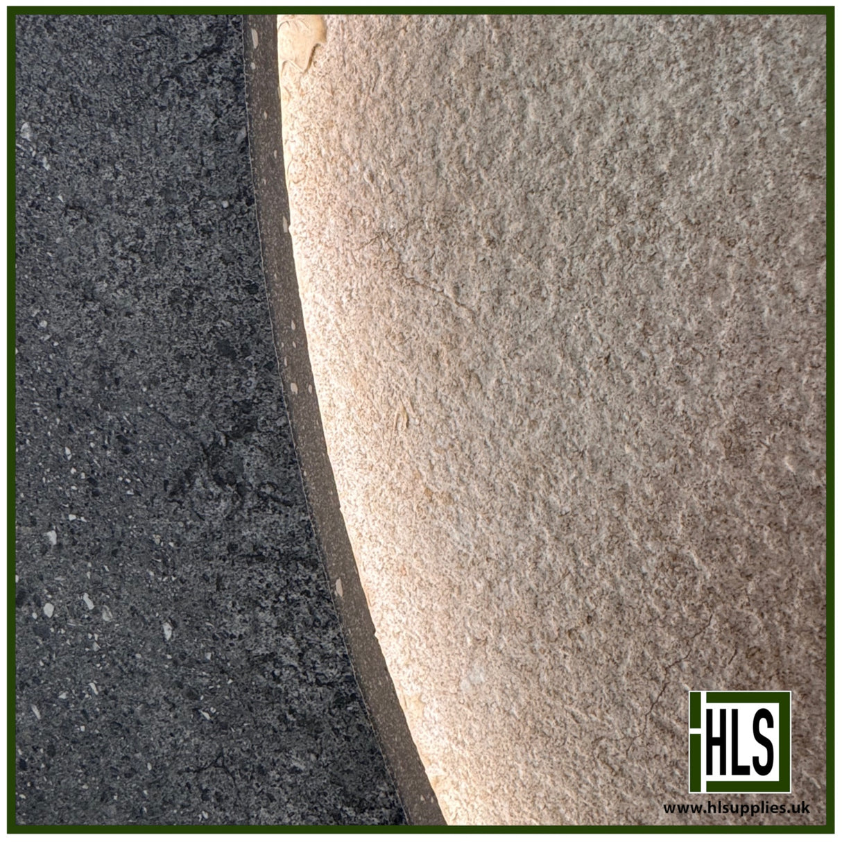 HLSupplies Coreterra porcelain paving slabs showing a textured beige surface next to a dark charcoal terrazzo-style edge