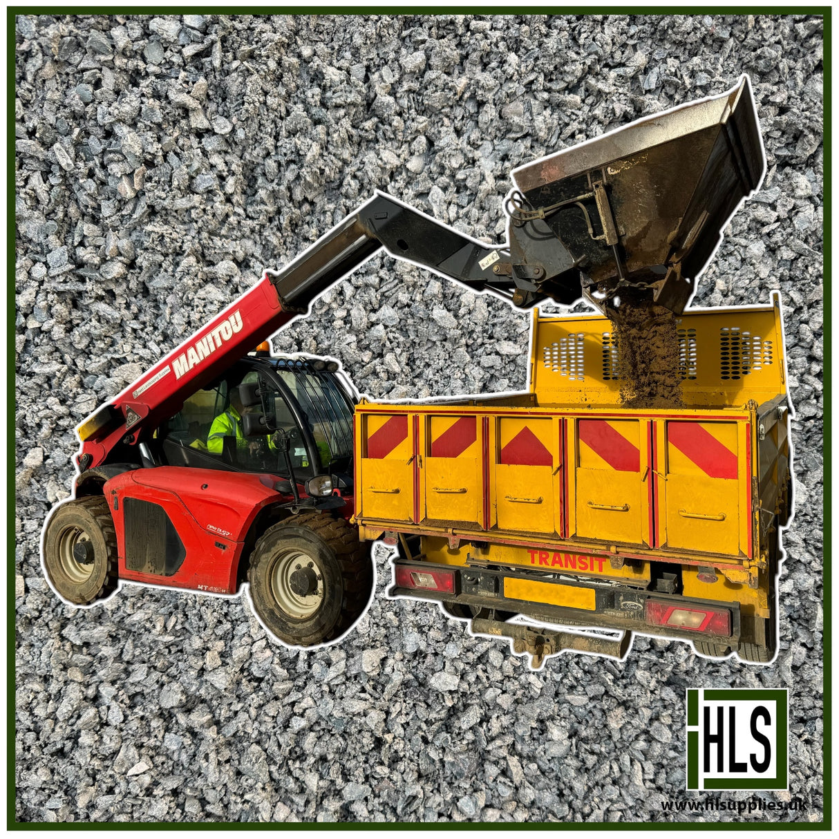 HLSupplies red Manitou telehandler loading granite dust into a yellow truck.