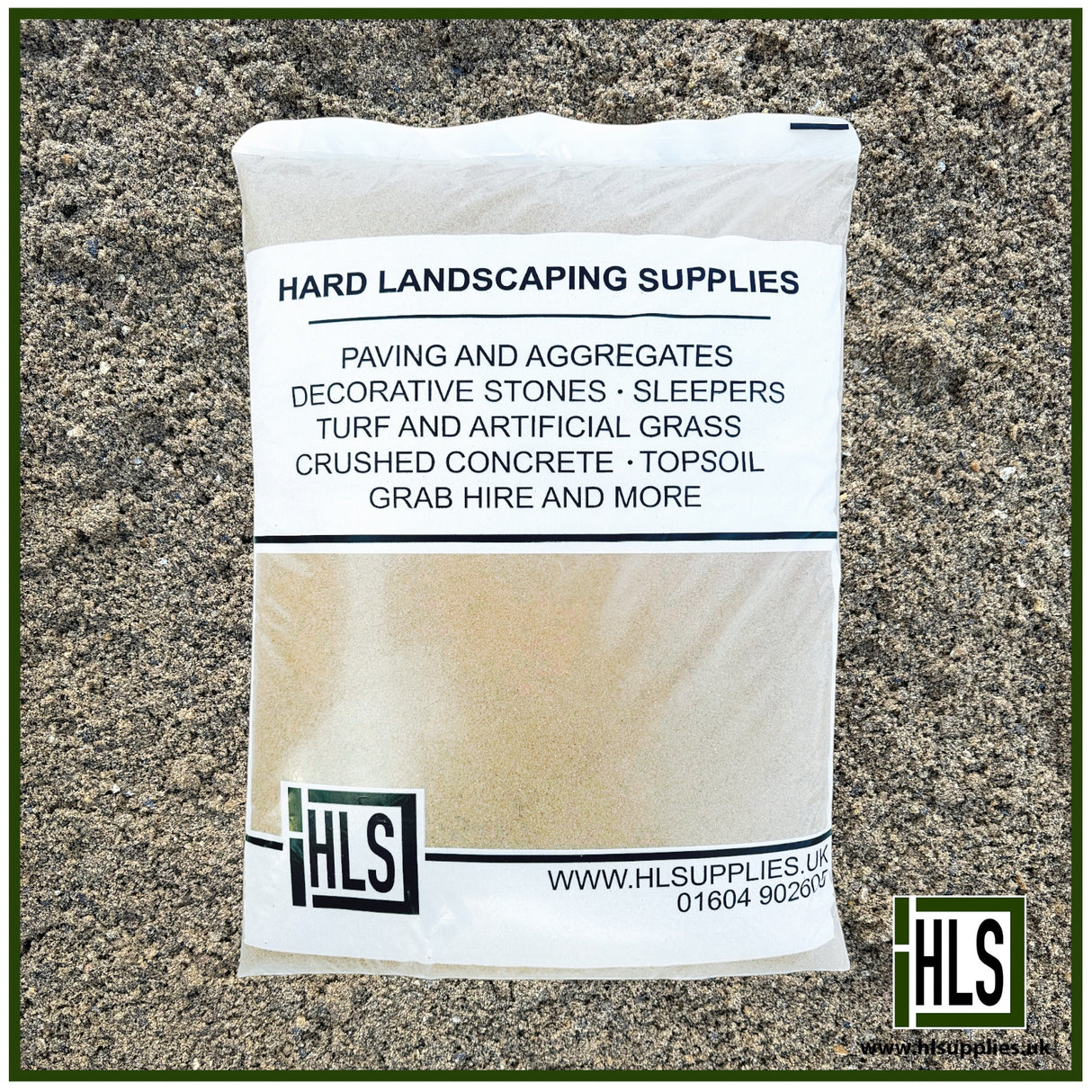 HLSupplies bag of sharp sand, a coarse, light brown aggregate for construction and landscaping.