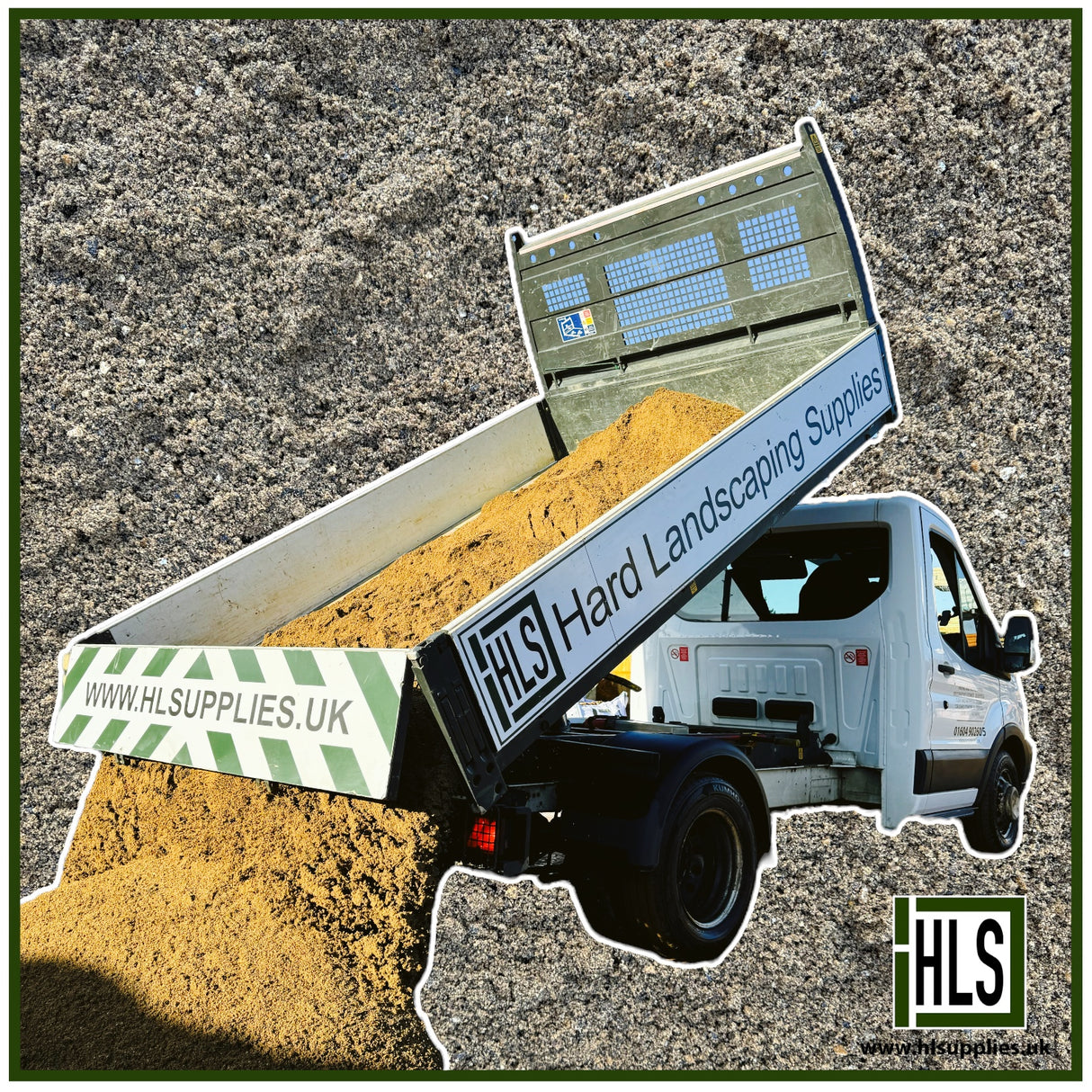 HLSupplies sharp sand being tipped from a tipper truck. Coarse, golden-brown sand for construction and landscaping.