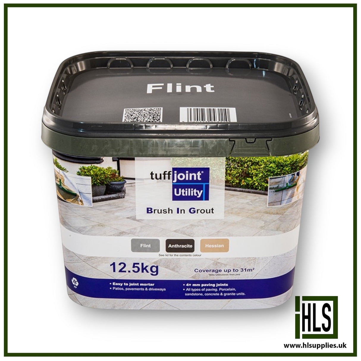 HLSupplies 12.5kg tub of TuffJoint Utility Brush-In Grout in Flint colour for paving, patios, and driveways.