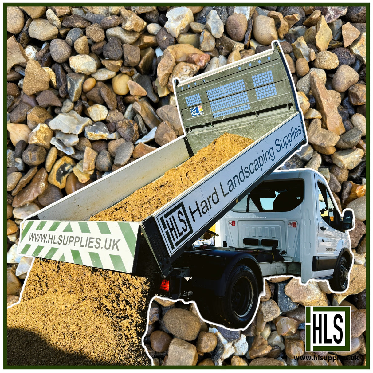 HLSupplies 10/20mm washed gravel and sand being delivered by a tipper truck. Ideal for driveways, drainage, and landscaping.