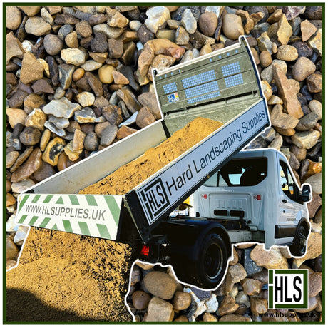 HLSupplies 10/20mm washed gravel and sand being delivered by a tipper truck. Ideal for driveways, drainage, and landscaping.