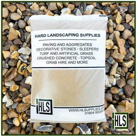 Bag of 10/20mm washed gravel from HLSupplies, ideal for driveways, drainage, and decorative landscaping.