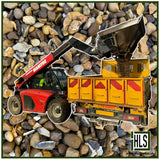 HLSupplies 10/20mm washed gravel being loaded into a yellow transit truck by a red Manitou telehandler.