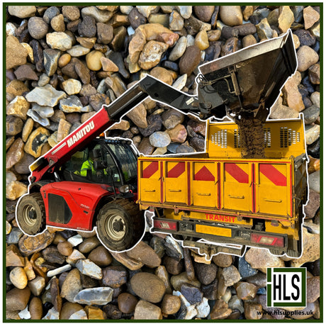 HLSupplies 10/20mm washed gravel being loaded into a yellow transit truck by a red Manitou telehandler.