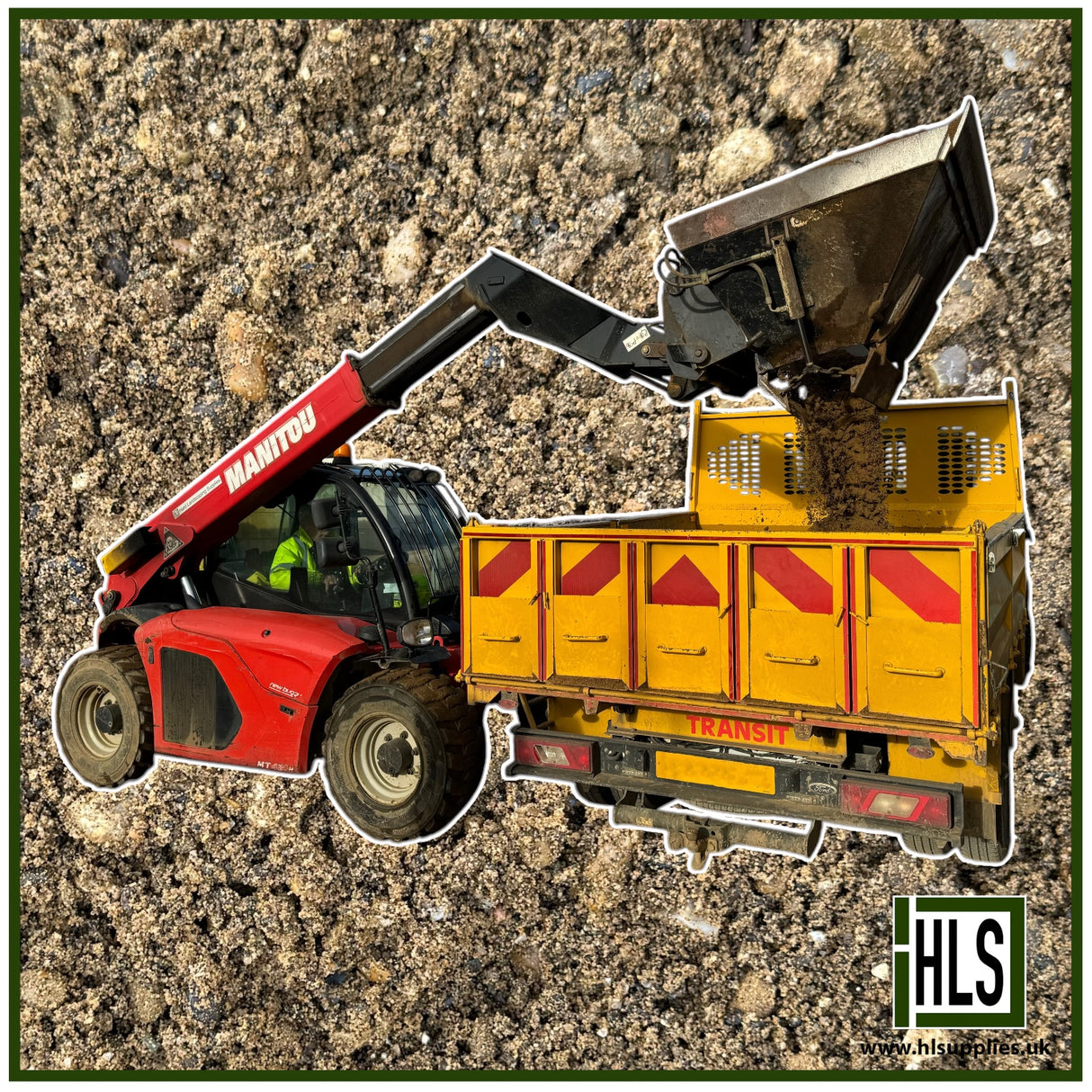 HLSupplies red Manitou telehandler loading ballast into a yellow Transit truck with reflective markings.