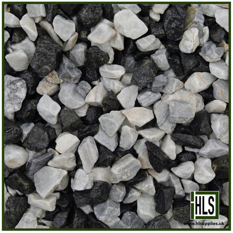 HLSupplies 14-20mm Black Ice decorative angular gravel with a high-contrast blend of black, grey, and white stones.