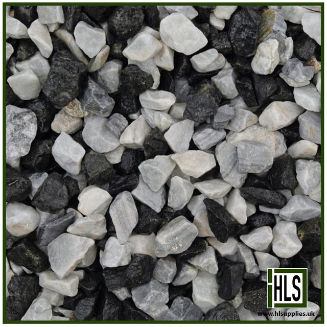 HLSupplies 14-20mm Black Ice decorative angular gravel with a high-contrast blend of black, grey, and white stones.