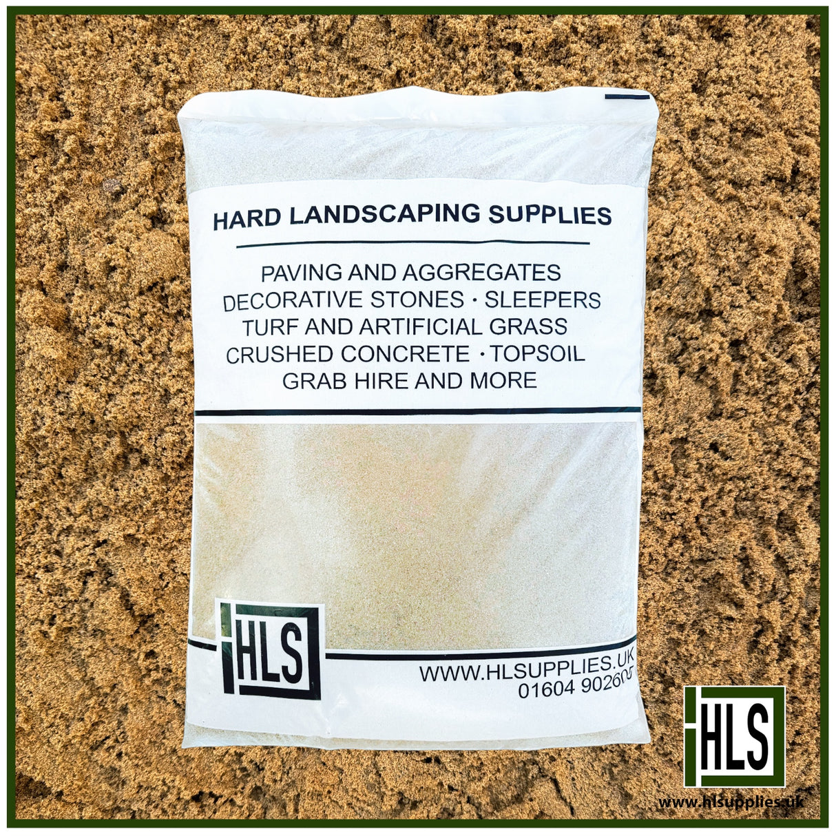 HLSupplies building sand in a white plastic bag, ideal for bricklaying and mortar mixes.
