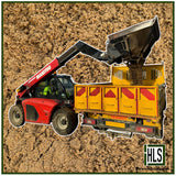 HLSupplies red Manitou telehandler loading building sand into a yellow Transit truck.