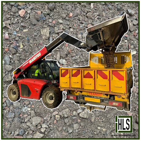 HLSupplies Manitou telehandler loading recycled crushed concrete into a yellow Ford Transit tipper truck