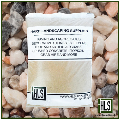 HLSupplies Flamingo Chippings 14-20mm decorative gravel in a mix of pink, peach, and cream for garden landscaping.