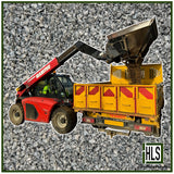 HLSupplies red Manitou telehandler loading granite dust into a yellow truck.