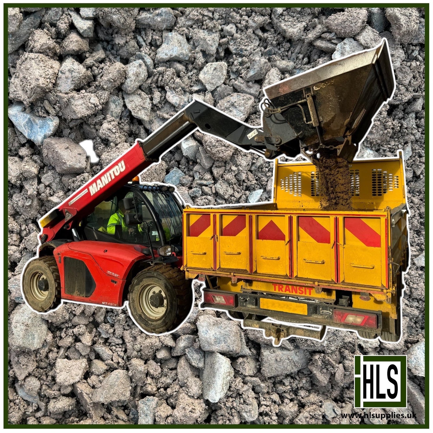 HLSupplies red Manitou telehandler loading MOT Type 1 aggregate into a yellow transit truck.