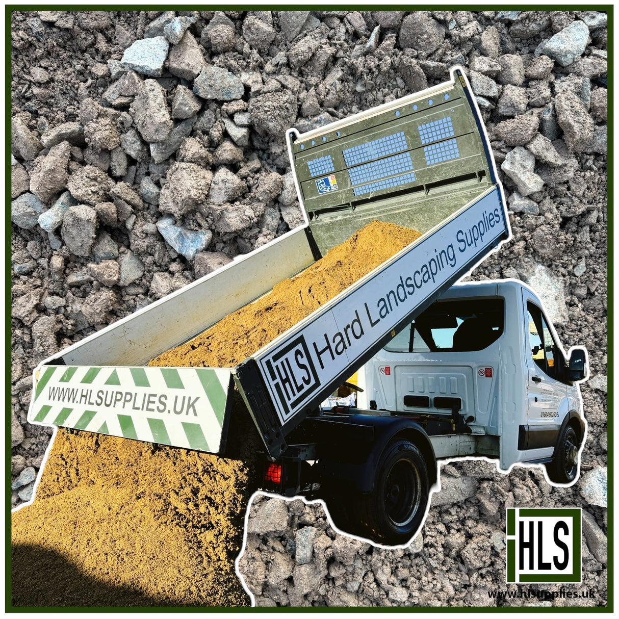 HLSupplies MOT Type 1 aggregate sub-base material in a tipper truck, ideal for driveways and construction.