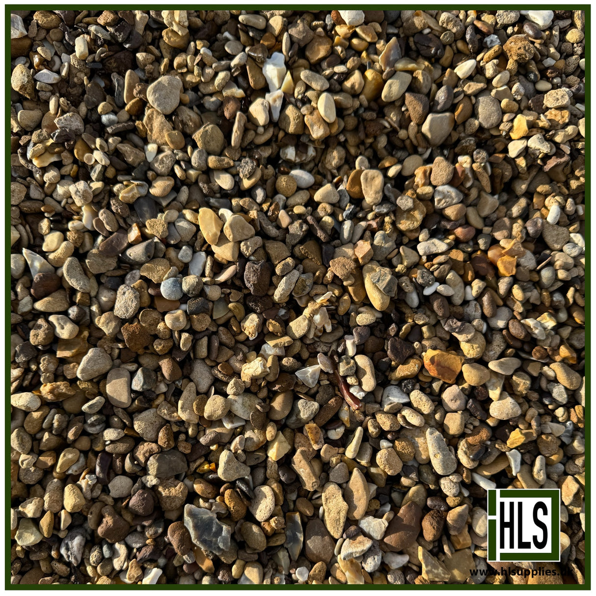 HLSupplies 4/10mm pea shingle gravel, a mix of rounded and angular particles in natural earthy tones.