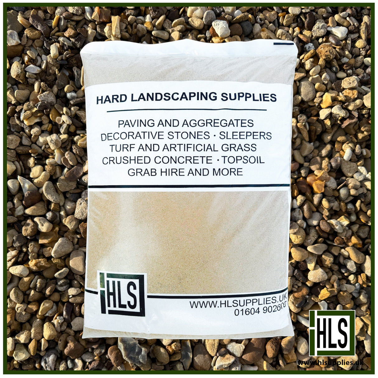 HLSupplies 4/10 pea shingle gravel in a 25kg bag, ideal for paths, driveways, and drainage.