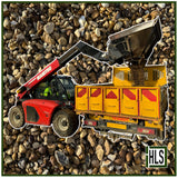 HLSupplies 4/10 gravel (pea shingle) being loaded into a yellow transit truck by a red Manitou telehandler.