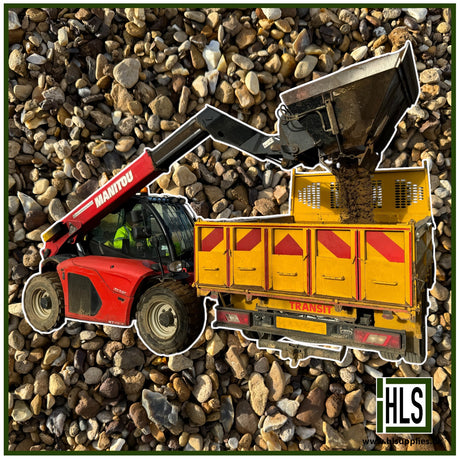 HLSupplies 4/10 gravel (pea shingle) being loaded into a yellow transit truck by a red Manitou telehandler.