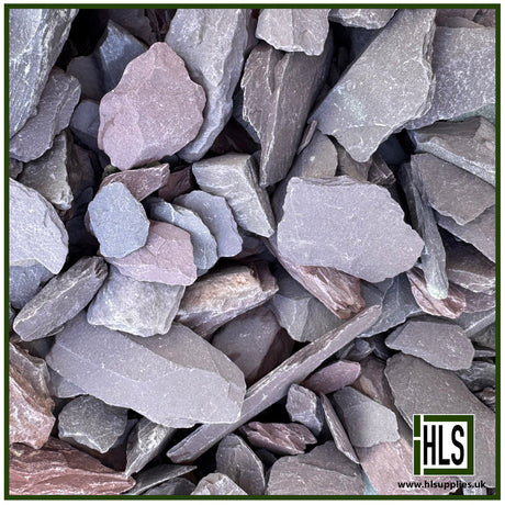HLSupplies 40mm plum slate chippings featuring flat, angular purple stone pieces for garden borders and pathways.