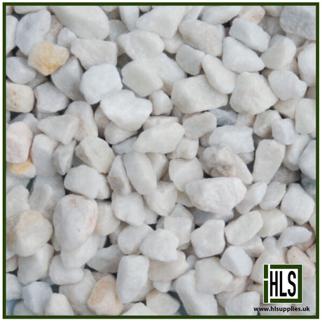 Close-up of HLSupplies 10-20mm Polar White dolomite stone chippings for decorative garden borders and pathways.