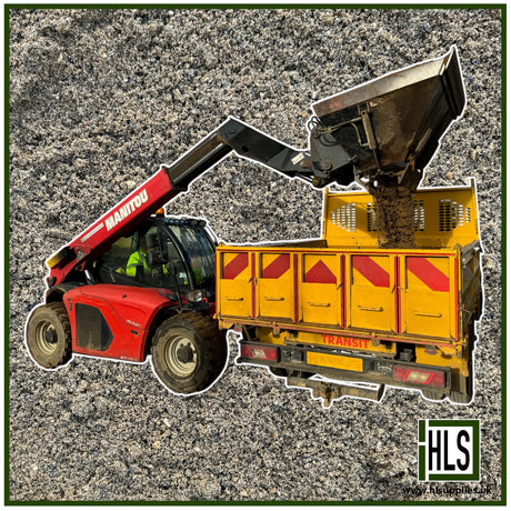 HLSupplies red Manitou telehandler loading sharp sand into a yellow truck bed. Bulk aggregate delivery.