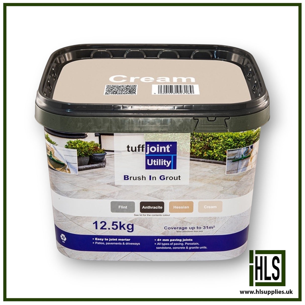 HLSupplies TuffJoint Utility Brush-In Grout in Cream, a 12.5kg tub of ready-to-use paving jointing mortar.