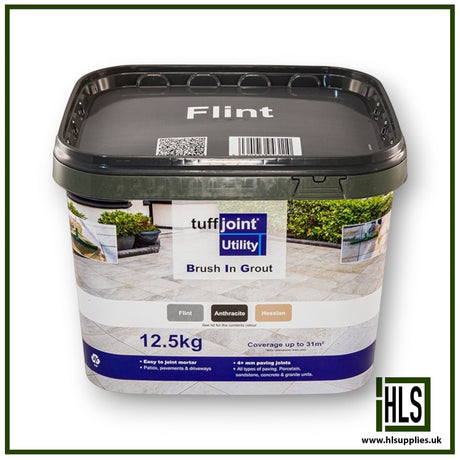 HLSupplies 12.5kg tub of TuffJoint Utility Brush-In Grout in Flint colour for paving, patios, and driveways.