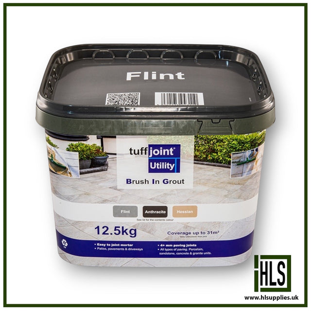 HLSupplies 12.5kg tub of TuffJoint Utility Brush-In Grout in Flint colour for paving, patios, and driveways.