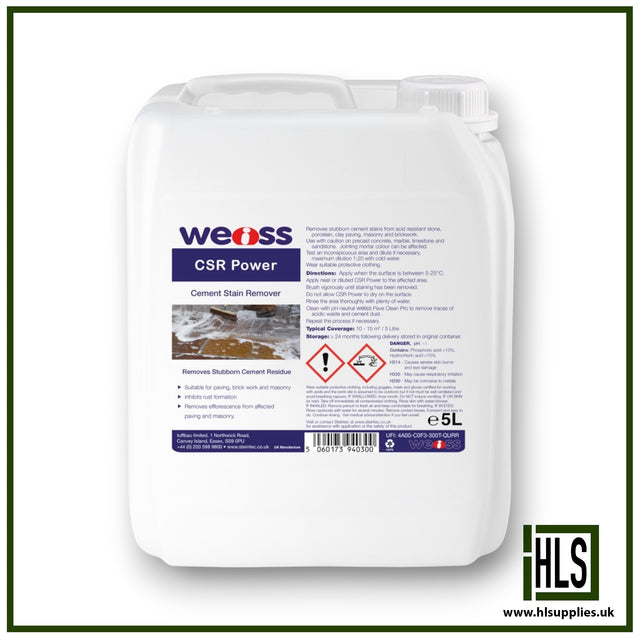 HLSupplies 5L Weiss CSR polymer modified mortar stain remover in a white plastic container for masonry and paving.